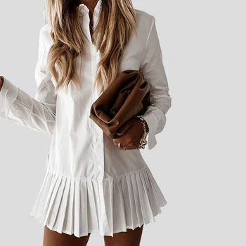 Jesień Z Długim Rękawem Biała Plisowana Koszula Sukienka 2020 Kobiety Casual Skręcić W Dół Kołnierz Sukienka Mini Przycisk Lady Linia Biuro Vestidos
