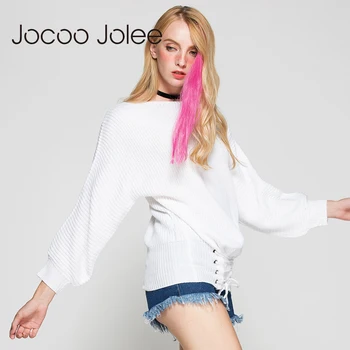Jocoo Jolee Black Lace Up Z Dzianiny Sweter Damski Elastyczna Bluza Z Długim Rękawem Casual Jesień Zima Drutach Swetry
