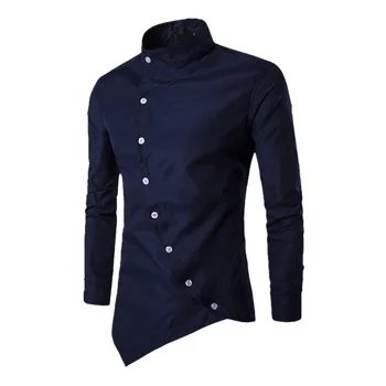 JODIMITTY Men ' s Court Cotton Solid Shirt Men Long Sleeve Strap Button Irregular Small Stand Collar Mens Casual Slim Fit Male