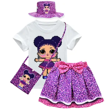 Kids Lol Clothes Set Toddler Girls Lol Dress Outfits Cartoon Short Sleeve Tops+spódnica+torba+kapelusz 4szt 3-10T letnia odzież dla dziewczynki