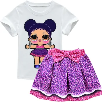 Kids Lol Clothes Set Toddler Girls Lol Dress Outfits Cartoon Short Sleeve Tops+spódnica+torba+kapelusz 4szt 3-10T letnia odzież dla dziewczynki