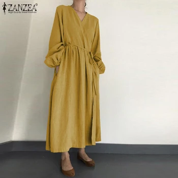 Kobieta lampa rękaw sukienkę ZANZEA jesień kaftan bielizna Maxi DressCasual długie Vestidos kobiet V szyi szlafrok pasem plus size