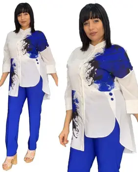 Kobiety drukowany garnitur z dwóch części białe koszule bluzki ze spodniami Lady moda nieregularny Podział codzienne stroje Afican jesień plus rozmiar 3XL