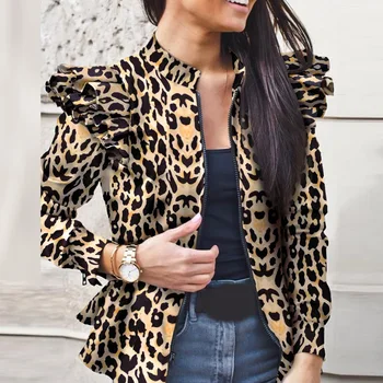 Kobiety Elegancki Leopard Print Falbany Płaszcz Kurtka Jesień Casual Motyl Rękawy Bluzki Damskie Sexy Stoisko Szyi Sweter Odzież Wierzchnia