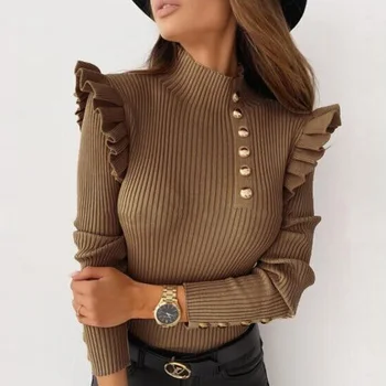 Kobiety elegancki ptyś z długim rękawem bluzka koszula 2020 jesień casual O-neck drutach sweterek topy panie 2XL moda wzburzyć Blusa
