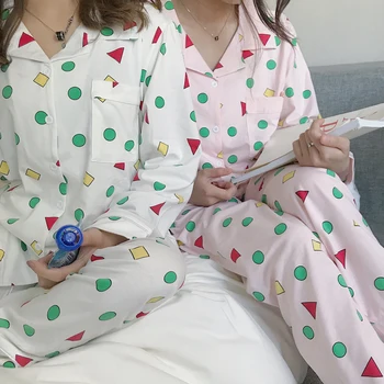 Kobiety jesień wiosna piżamy nowa moda bawełniane piżamy zestaw Kawaii japoński koreański styl ołówek shin Chan piżamy bielizna nocna