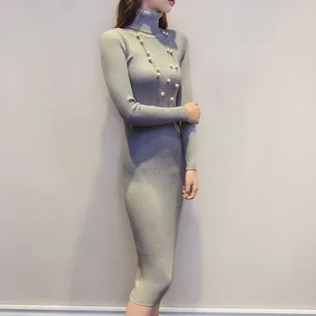 Kobiety Jesień Zima Sweter Z Dzianiny Sukienki Cienki Elastyczny Golf Z Długim Rękawem Sexy Lady Sukienki Bodycon