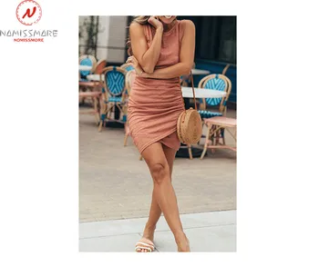 Kobiety Moda Lato Kolorem Mini Sukienka Skurcz Nieregularne Projekt O-Neck Bez Rękawów Wysoka Talia, Szczupłe Biodra Sweter Sukienka