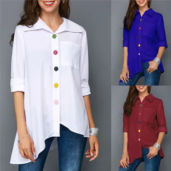 Kobiety Moda Tunika Bluzka 2020 Jesień Plus Rozmiar Z Długim Rękawem Biała Koszula Kolorowe Guziki, Kieszeń Damska Top Duży Rozmiar Odzieży