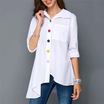 Kobiety Moda Tunika Bluzka 2020 Jesień Plus Rozmiar Z Długim Rękawem Biała Koszula Kolorowe Guziki, Kieszeń Damska Top Duży Rozmiar Odzieży