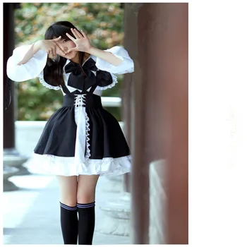 Kobiety pokojówka strój anime długa sukienka czarno-biały fartuch sukienka Lolita strój cosplay kostium