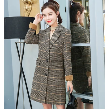 Kobiety płaszcz 2019 Jesień Zima moda komórkową płaszcz koreański slim duży rozmiar biuro kobiecy komplet kurtka długa odzież AA550