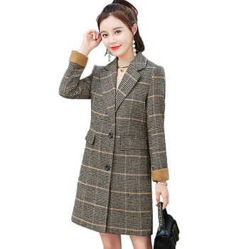 Kobiety płaszcz 2019 Jesień Zima moda komórkową płaszcz koreański slim duży rozmiar biuro kobiecy komplet kurtka długa odzież AA550