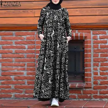 Kobiety retro drukowanych długa muzułmański strój ZANZEA Vintage Dubaj Abaya Turcja hidżab sukienka jesień sukienkę szlafrok Femme Vestido kaftan