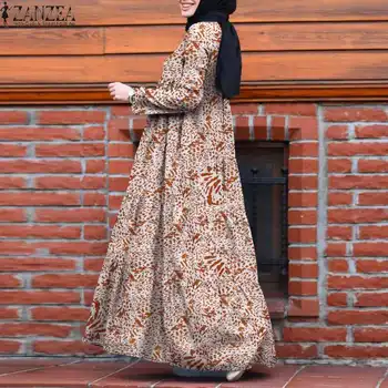Kobiety retro drukowanych długa muzułmański strój ZANZEA Vintage Dubaj Abaya Turcja hidżab sukienka jesień sukienkę szlafrok Femme Vestido kaftan