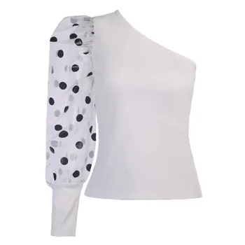 Kobiety Sheer Mesh bluzka Puff rękawem bluzki na jedno ramię panie Dots koszulka sexy bluzki odzież Damska Slim Fit damska blusa feminina
