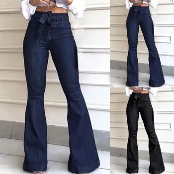Kobiety Wysokiej Talii Opaska Szerokie Nogi Denim Jeans Damskie Stretch Tempo Długie Spodnie