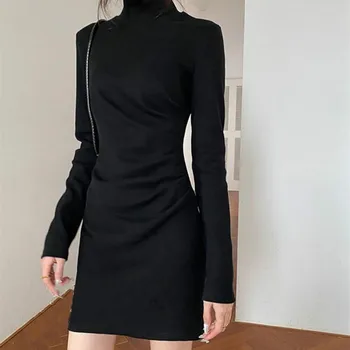 Kobiety z długim rękawem sukienka Solid Slim Fit golf damski prosty All-match sexy dzienny karbowany koreański styl uliczny odzież Ins