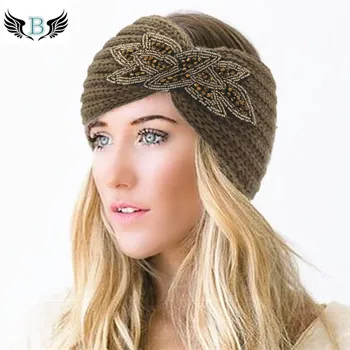 Kobiety zima opaska koronki rhinestone turban Headwrap taśma do włosów dla dziewczynek w ucho cieplej dzianiny chusty akcesoria do włosów czapki