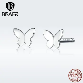 Kolczyki-motyle BISAER 925 srebro mały motyl wykwintne kolczyki dla kobiet biżuteria ECE775