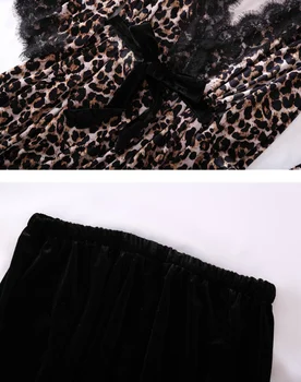 Korea Złoty aksamit 3-częściowy szlafrok stroje kobiet piżamy zestawy koronki Leopard piżamy piżamy z długim rękawem kobiety piżamy