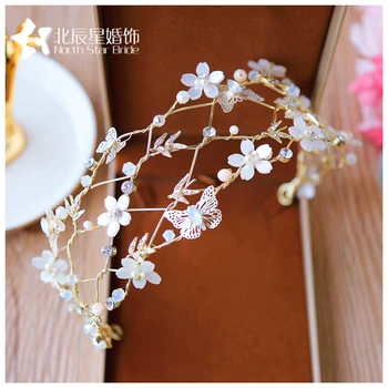 Koreański kontrakt Kryształ panny młodej obręcz do włosów piękny motyl kwiat blado-złote ozdoby do włosów nakrycia głowy okulary cheveux femme