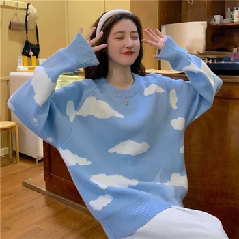 Koreański Kreskówka Chmury Damski Sweter Elegancki Przyczynowo-Śledczy Zbyt Duży Sweter Z Dzianiny Bluzki 2020 Jesień Nowy Wyciągnąć Swetry