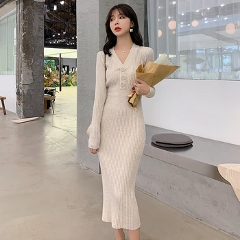 Koreański styl sukienka bez rękawów bodycon Bielizna 2019 jesień nowy jednolity z długim rękawem, Wysoka talia slim z dzianiny powyżej kolana kobieca sukienka