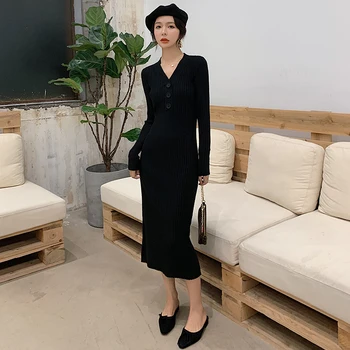 Koreański styl sukienka bez rękawów bodycon Bielizna 2019 jesień nowy jednolity z długim rękawem, Wysoka talia slim z dzianiny powyżej kolana kobieca sukienka