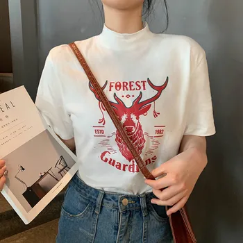 Koszulki damskie eleganckie drukowane koreański styl moda Wszystko mecz odzież damska codziennie golf prosty krótki rękaw letni szyk