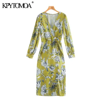 KPYTOMOA Women 2020 Chic Fashion With Buttons kwiatowy print Midi Dress Vintage V neck z długim rękawem szczelina sukienki damskie Mujer