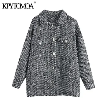 KPYTOMOA Women 2021 Fashion With Pockets oversize Tweed Coat Jacket Vintage Long Sleeve Button-up Damskie kurtki eleganckie bluzki