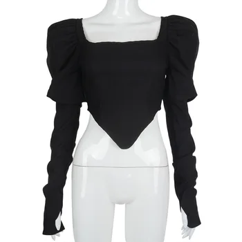 Kryptograficzny czarny seksowny gorset z odkrytymi plecami kobiecy top bluzka złożone z długim rękawem kwadratowy kołnierz koszuli meble bluzki Vintage