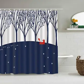 Kurtyna w duszy ciemno-niebieski las i czerwony lis wzór druku cyfrowego wodoodporne zasłony łazienkowe haczyki w zestawie-łazienka dekoracyjne