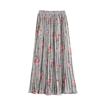 Kwiat szyfonowa spódnica damska drukowana długa plisowana spódnica dla kobiet letnia elastyczna talia A-line długa spódnica kobiety z podszewką
