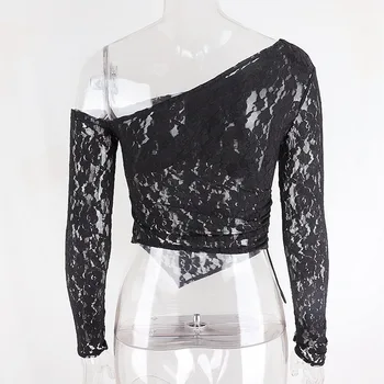 Kwiatowy Koronki Gothic Zbiorów T-Shirt Czarny Mall Goth Biały Z Długim Rękawem Kobiety Bluzki Na Jedno Ramię Bodycon Przezroczysta Odzież