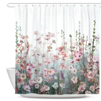Kwiaty tkaniny zasłony prysznicowe łazienkowe kurtyna zestaw z haczykami pierścienie wodoodporny prysznicem kurtyna biały różowy szary fioletowy 72x72