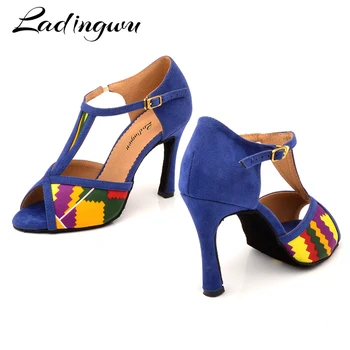 Ladingwu Women Salsa party Ballroom shoes Latin dance shoes Featured wzór Satin and Featured wzór Blue suede Cuba heel 10c