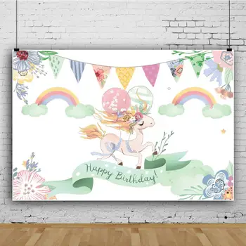 Laeacco Rainbow Unicorn Birthday Party Akwarela Kwiaty Banner Child Baby Photography Background Photo Background Photo Studio