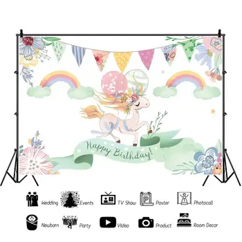 Laeacco Rainbow Unicorn Birthday Party Akwarela Kwiaty Banner Child Baby Photography Background Photo Background Photo Studio