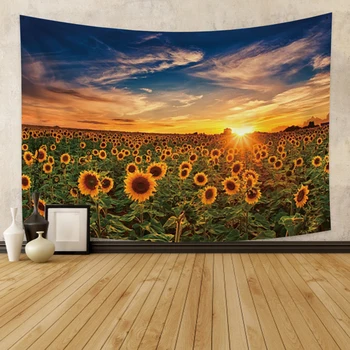 Laeacco Sunset Beautiful Sunflower Carpe Wall Tapestry Blanket Wall Hanging Bedroom Home Decor Flower Sky Beach towel Bohemian