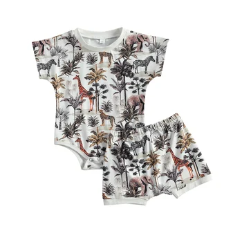 Lato dziecko Baby Boys 0-3Y odzież zestawy druku zwierząt z krótkim rękawem kombinezon topy, spodnie, spodenki 2szt