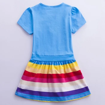 Lato Jednorożec dziewczyna dzieci z krótkim rękawem A-line sukienka druku tęczowe paski dziewczyny z krótkim rękawem okrągły dekolt bawełnianej sukni SH6219