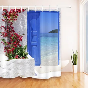 LB czerwony kwiat niebieski grecka drzwi z widokiem na morze na wyspie prysznicem kurtyna z wanną mat zestaw Wodoodporny materiał do łazienki wystrój