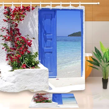 LB czerwony kwiat niebieski grecka drzwi z widokiem na morze na wyspie prysznicem kurtyna z wanną mat zestaw Wodoodporny materiał do łazienki wystrój