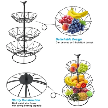 LBER Blatu Fruit Basket Holder dekoracyjna podstawka idealnie nadaje się do warzyw, przystawek, przedmiotów gospodarstwa domowego, 3 piętra w kolorze czarnym