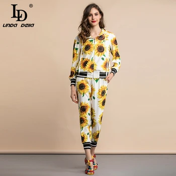 LD LINDA DELLA 2020 letnia moda pas droga startowa codzienne stroje damskie słonecznik kwiatowy print spodnie zestaw z dwóch przedmiotów dresy