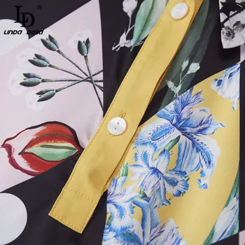 LD LINDA DELLA Designer Spring Skirt Suit Women Turn-down Collar Color Matching Flower Print Top Dot Dot długie spódnice zestaw z 2 przedmiotów