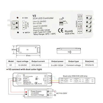 LED RF Controller 12V LED Dimmer 24V 2CH 2.4 G Single Color CCT Light Strip LED Dimmer Controller bezprzewodowy pilot zdalnego sterowania z uchwytem V2