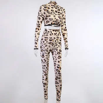Leopard Print Sexy Kobiety Z Dwóch Części Zestawy 2021 Wiosna Klubowa Golf Z Długim Rękawem Crop Topy Wysoka Talia, Wąskie Spodnie Stroje